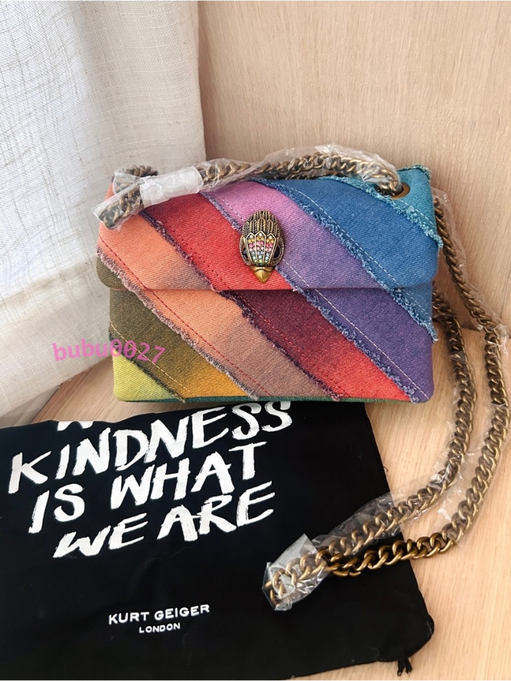 NWT🌈Kurt Geiger London Mini Rainbow Denim Kensington Crossbody Bag Chain Summer